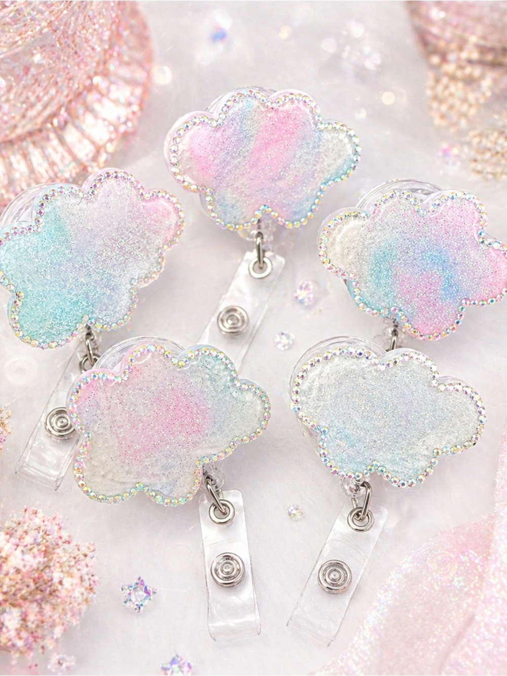 Pastel Cloud Badge Reel | Rhinestone Edge | Resin Retractable ID Holder
